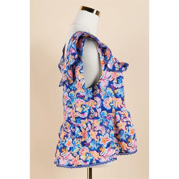 Sz L Nanette Lepore Blue Ocean Starfish Flutter Sleeve Peplum V-Neck Blouse EUC - Picture 2 of 4